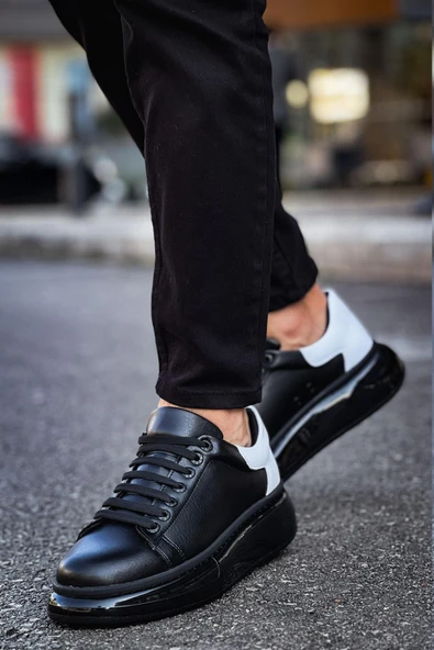 Pabucmarketi Bağcıklı Erkek Spor Ayakkabı Siyah Beyaz - Resim 2