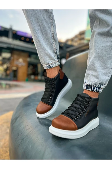 Pabucmarketi Bağcıklı Erkek Sneaker Bot Siyah Taba - Resim 5