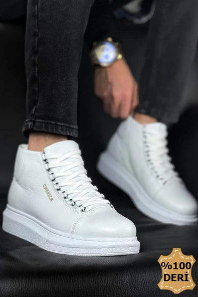 Pabucmarketi Bağcıklı Hakiki Deri Erkek Sneaker Bot Beyaz - 2