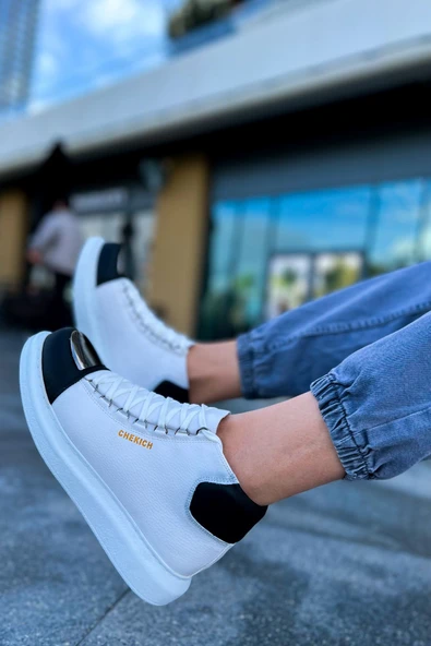 Pabucmarketi Bağcıklı Erkek Sneaker Bot Beyaz Siyah - 4