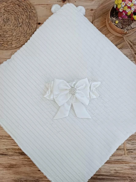 Lenaca Yenidoğan Beyaz Wool Yün Kumaş Ayıcık Kulaklı Kundak Bebek Battaniyesi - Resim 5