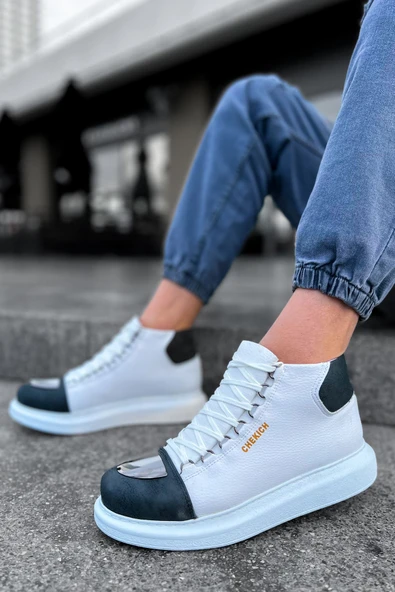 Pabucmarketi Bağcıklı Erkek Sneaker Bot Beyaz Antrasit