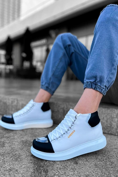 Pabucmarketi Bağcıklı Erkek Sneaker Bot Beyaz Siyah - 3