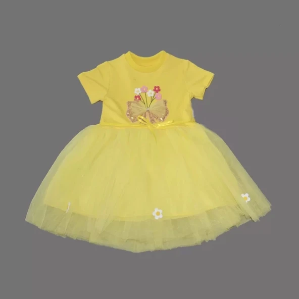Lenaca 1-2-3 Yaş Tül Fiyonk Çiçekler Nakışlı Astarlı Kız Bebek Tütü Elbisesi - Resim 2