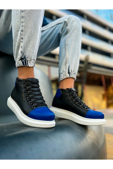 Pabucmarketi Bağcıklı Erkek Sneaker Bot Siyah Saks Mavi