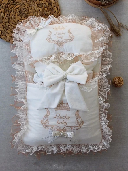 Lenaca Yenidoğan Nil Taç Nakışlı Kundaklı Trilüks 3lü Alt Açma Seti - Resim 2