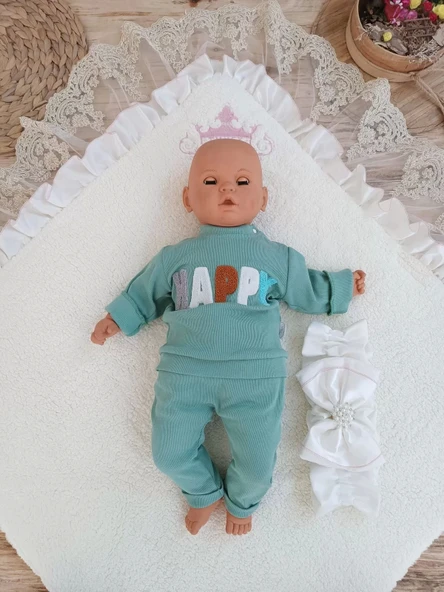 Lenaca Yenidoğan Wool Yün Kumaş Taç Nakışlı Güpür Duvaklı Fiyonk Prizma Taş Unisex Kundak Bebek Battaniyesi - 3