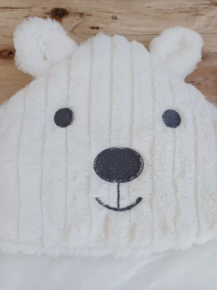 Lenaca Yenidoğan Beyaz Wool Yün Kumaş Ayıcık Kulaklı Kundak Bebek Battaniyesi - Resim 6