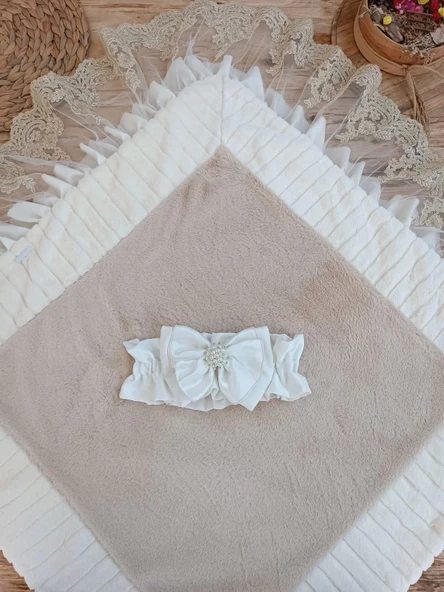 Lenaca Yenidoğan Wool Yün Kumaş Taç Nakışlı Güpür Duvaklı Fiyonk Prizma Taş Unisex Kundak Bebek Battaniyesi - Resim 4