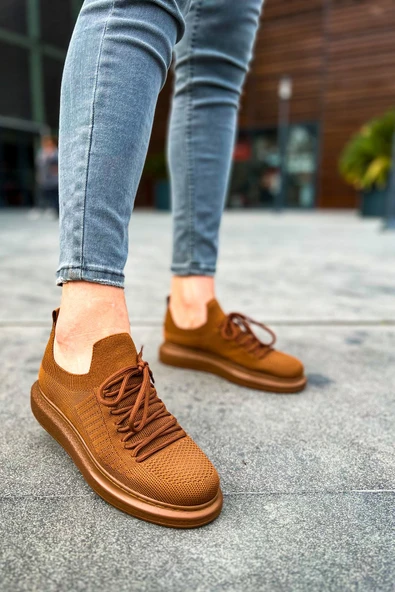 Pabucmarketi Bağcık Detaylı Triko Kumaş Erkek Spor Ayakkabı Kahve - Resim 2