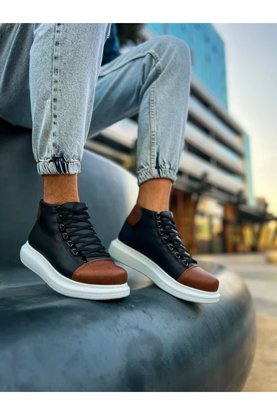 Pabucmarketi Bağcıklı Erkek Sneaker Bot Siyah Taba - Resim 2