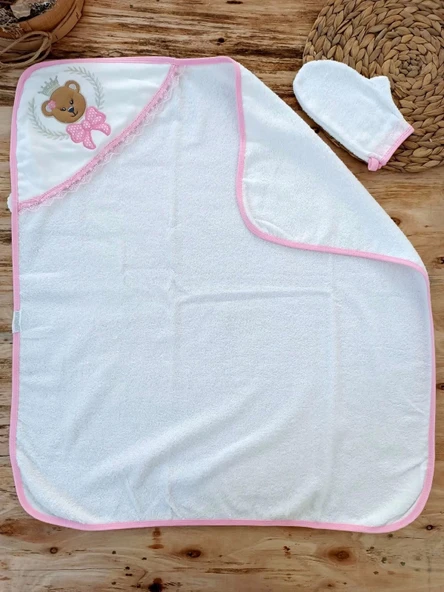 Lenaca 0-1 Yaş Bear Nakışlı El Keseli 2li  Kız Bebek Havlu Takımı - 3