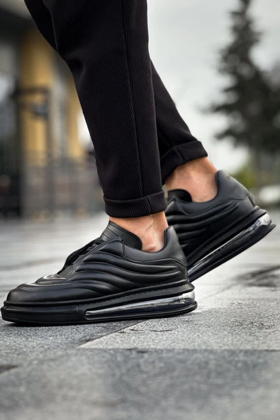 Pabucmarketi Bağcıklı Balon Taban Erkek Spor Ayakkabı Siyah - Resim 2