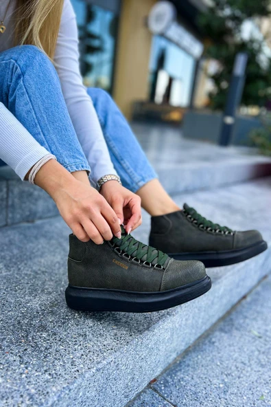 Pabucmarketi Bağcıklı Kadın Sneaker Bot Haki - 1