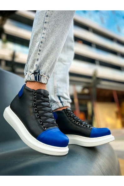 Pabucmarketi Bağcıklı Erkek Sneaker Bot Siyah Saks Mavi - 4