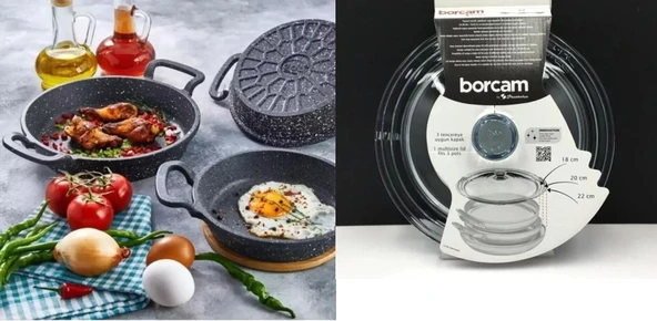 Eda 3 lü granit döküm sahan tava seti takımı  18-20-22 cm+kademeli borcam kapak
