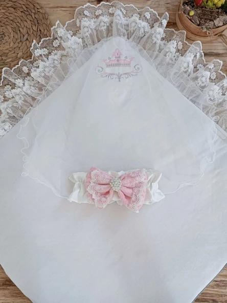 Lenaca Yenidoğan Teri Cotton Taç Nakışlı Prizma Taş Kundak Bebek Battaniyesi - Resim 6