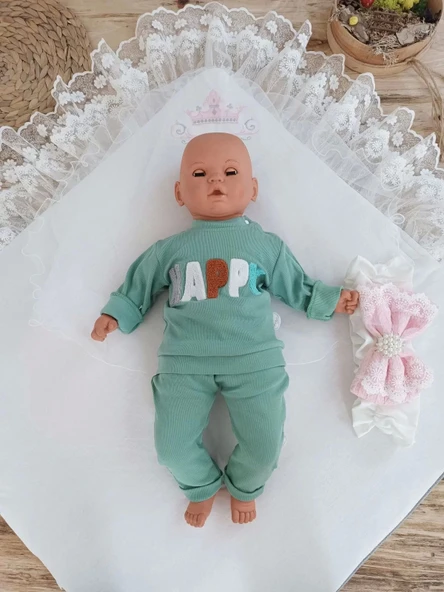 Lenaca Yenidoğan Teri Cotton Taç Nakışlı Prizma Taş Kundak Bebek Battaniyesi - Resim 5