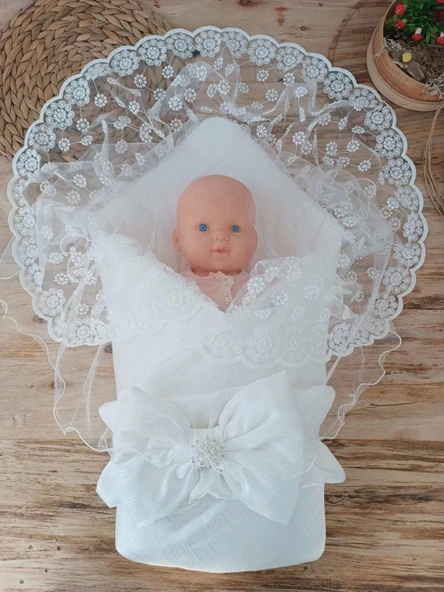 Lenaca Yenidoğan Ay Işığı Papatya Dantelli Taşlı Fiyonk Bebek Battaniyesi Kundak - Resim 2