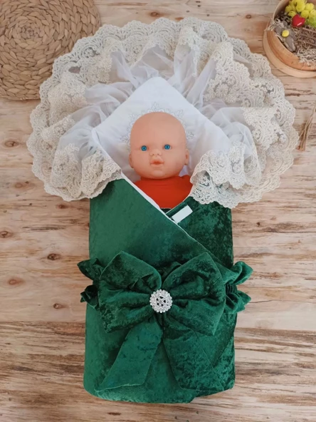 Lenaca Yenidoğan Saray Kadife Taç Nakışlı İnci Fiyonklu Çift Dantel Duvak Trilüks Kundak Bebek Battaniyesi - Resim 2