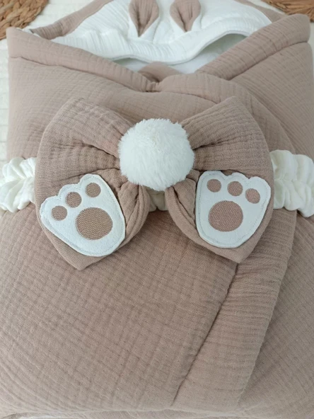 Lenaca Yenidoğan 4 Kat Müslin Kumaş Kulaklı Patili Fiyonk Bebek Battaniyesi Kundak - 2