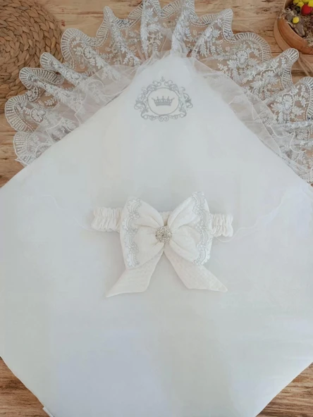 Lenaca Yenidoğan Pamuk Taç Benim Prensim Nakışlı Trilüks Kundak Bebek Battaniyesi - Resim 3
