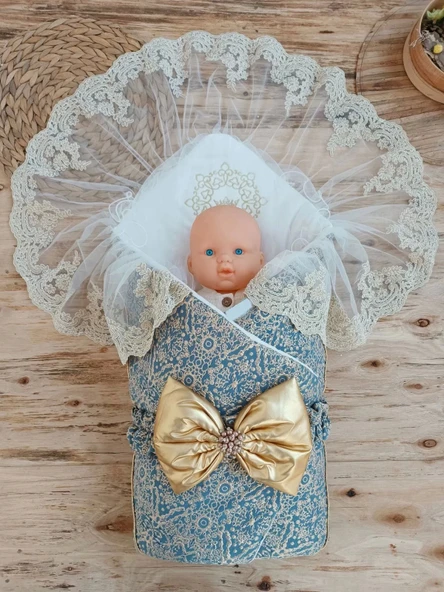 Lenaca Yenidoğan Kabartma Desenli Gold Fiyonklu Güpürlü Bebek Battaniyesi Kundak - Resim 3