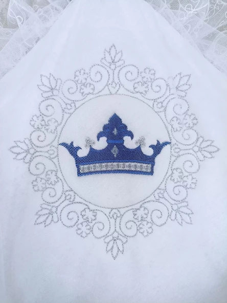 Lenaca Yenidoğan Saray Kadife Taç Nakışlı İnci Fiyonklu Çift Dantel Duvak Trilüks Kundak Bebek Battaniyesi - Resim 4