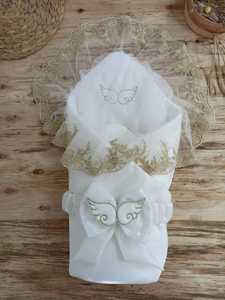 Lenaca Yenidoğan Shine Kumru Melek Kanat Fiyonklu Gold Dantel Duvaklı Delüks Kundak Bebek Battaniyesi ürün görseli 1