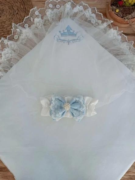 Lenaca Yenidoğan Teri Cotton Taç Nakışlı Prizma Taş Kundak Bebek Battaniyesi - Resim 3