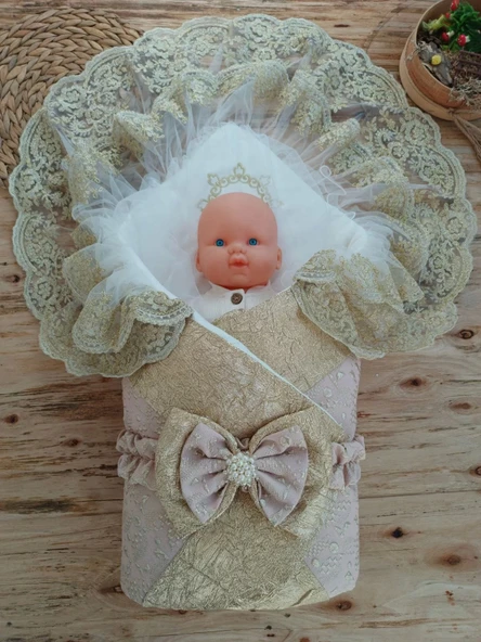 Lenaca Yenidoğan Kabartma Desenli Gold Çift Güpürlü Ve Fiyonklu Bebek Battaniyesi Kundak - Resim 2