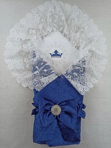 Lenaca Yenidoğan Saray Kadife Taç Nakışlı İnci Fiyonklu Dantel Duvak Trilüks Kundak Bebek Battaniye ürün görseli 1