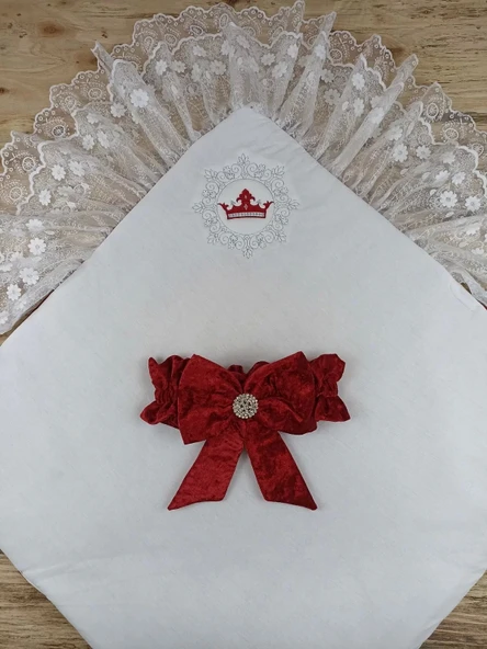 Lenaca Yenidoğan Saray Kadife Taç Nakışlı İnci Fiyonklu Çift Dantel Duvak Trilüks Kundak Bebek Battaniyesi - Resim 4