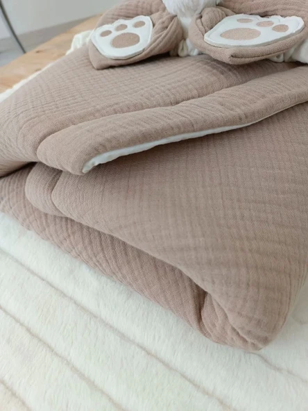 Lenaca Yenidoğan 4 Kat Müslin Kumaş Kulaklı Patili Fiyonk Bebek Battaniyesi Kundak - 3