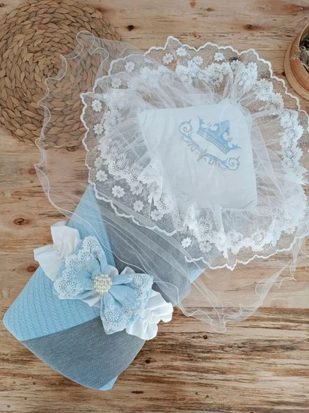 Lenaca Yenidoğan Teri Cotton Taç Nakışlı Prizma Taş Kundak Bebek Battaniyesi