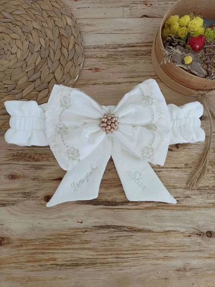 Lenaca Yenidoğan Sahra Taç Nakışlı Plazma Taşlı Güpürlü Fiyonklu Duvaklı Trilüks Kundak Bebek Battaniyesi - 7