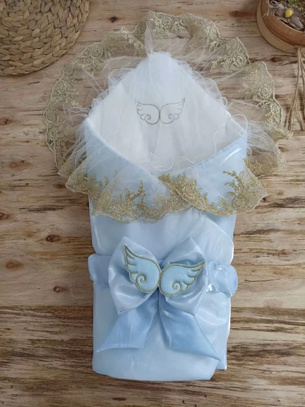 Lenaca Yenidoğan Shine Kumru Melek Kanat Fiyonklu Gold Dantel Duvaklı Delüks Kundak Bebek Battaniyesi ürün görseli 1