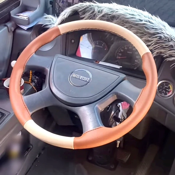 DİKİŞLİ DİREKSİYON KILIFI AÇIK BEJ DERİ TABA DERİ SİYAH DİKİŞLİ ISUZU NOVO İÇİN - 1