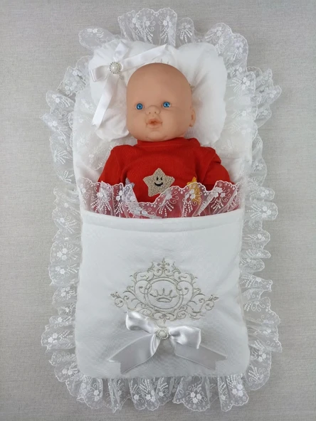 Lenaca Yenidoğan Bambu Taç Nakışlı Kundaklı Trilüks 3lü Alt Açma Seti - Resim 2