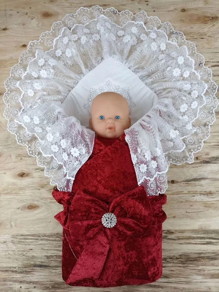 Lenaca Yenidoğan Saray Kadife Taç Nakışlı İnci Fiyonklu Çift Dantel Duvak Trilüks Kundak Bebek Battaniyesi - Resim 2