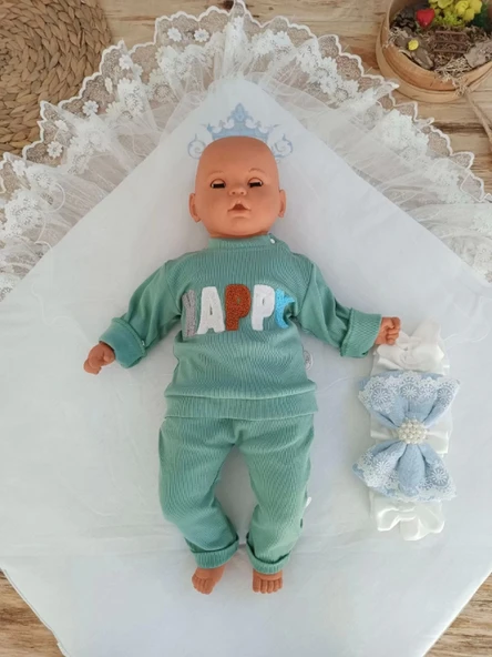 Lenaca Yenidoğan Teri Cotton Taç Nakışlı Prizma Taş Kundak Bebek Battaniyesi - Resim 4