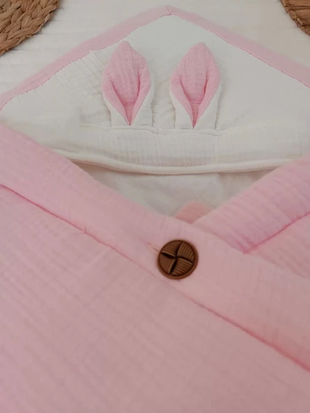 Lenaca Yenidoğan 4 Kat Müslin Kumaş Kulaklı Patili Fiyonk Bebek Battaniyesi Kundak - Resim 3