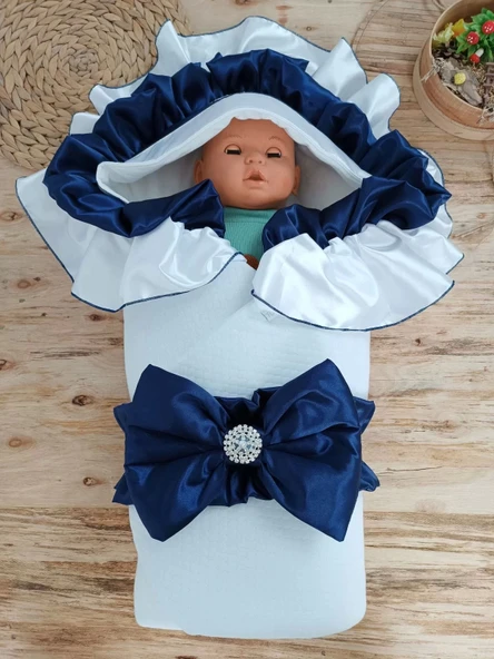 Lenaca Yenidoğan Mehtap Lüks Kelebek Taç Nakışlı Bebek Battaniyesi Kundak - Resim 2