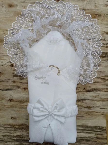 Lenaca Yenidoğan Sahra Taç Lucky Baby Nakışlı Kumru Kundak Bebek Battaniyesi ürün görseli 1