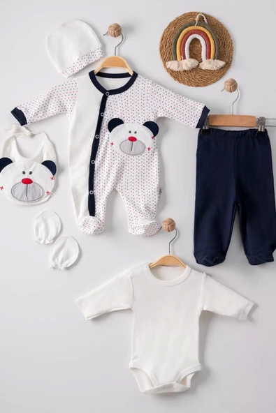 Lenaca Puanlı Ayıcık Nakışlı Tulumlu % 100 Pamuk Erkek Bebek 5'li Set