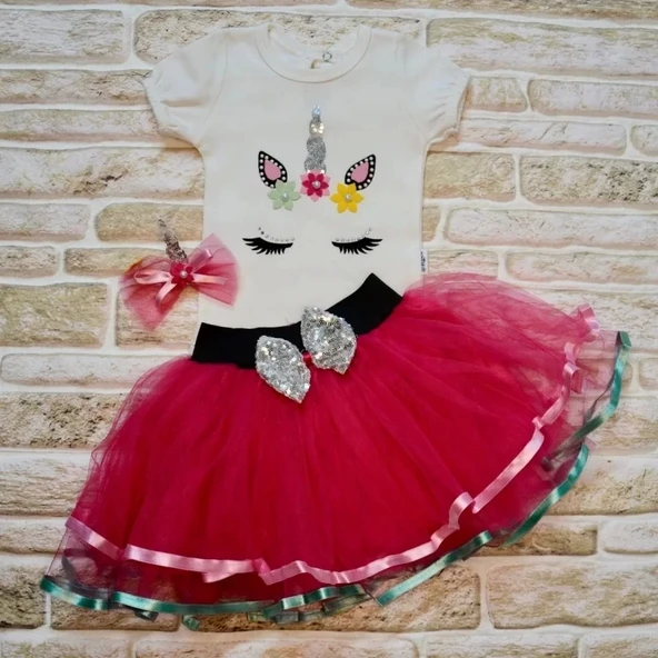 Lenaca 9-12-18 Ay Payetli Pony Nakışlı Tokalı Kısa Kollu Tütü Etek 3lü Kız Bebek Takımı ürün görseli 1