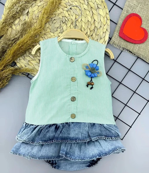 Lenaca 6-9-12-18 Ay Gül Rozet Detaylı Kot Kilotlu Etek Kız Bebek Elbisesi
