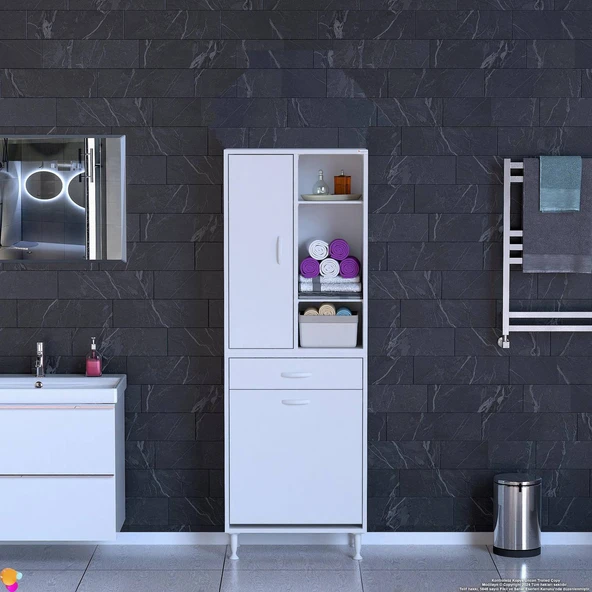 Modilayn AFRA 65x173x32,5cm 1 Çekmece, 1 Göz Sepet, 1 Kapak, 6 Raf Dar Alan Banyo Dolabı - Resim 3