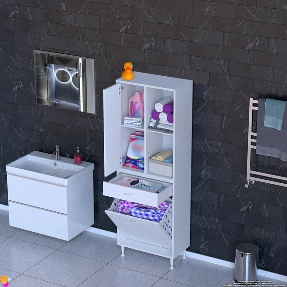 Modilayn AFRA 65x173x32,5cm 1 Çekmece, 1 Göz Sepet, 1 Kapak, 4 Raf Dar Alan Banyo Dolabı