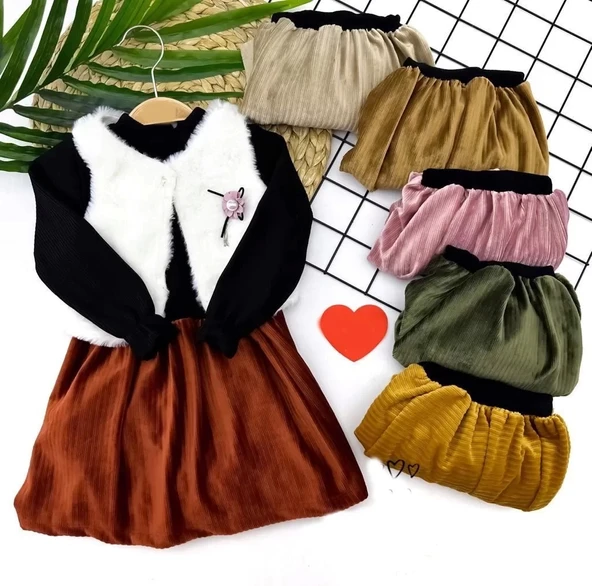 Lenaca 2-3-4-5 Yaş Kadife Etekli Tüylü Yelek Uzun Kollu Siyah Sweat 3lü Kız Bebek Takımı ürün görseli 1